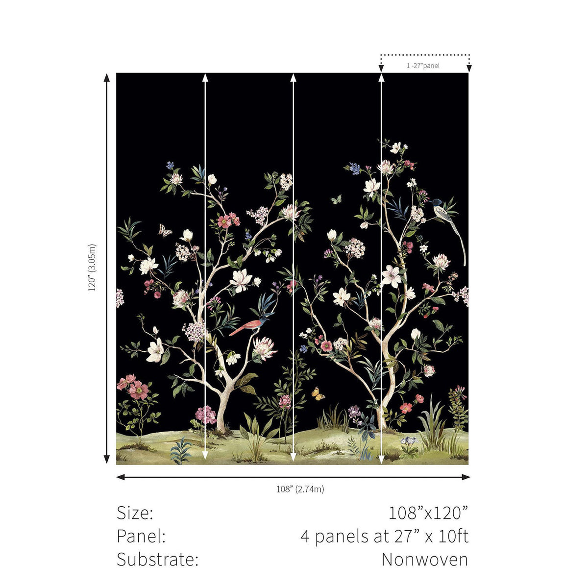 Chinoiserie Magnolia Mural - Matt Black