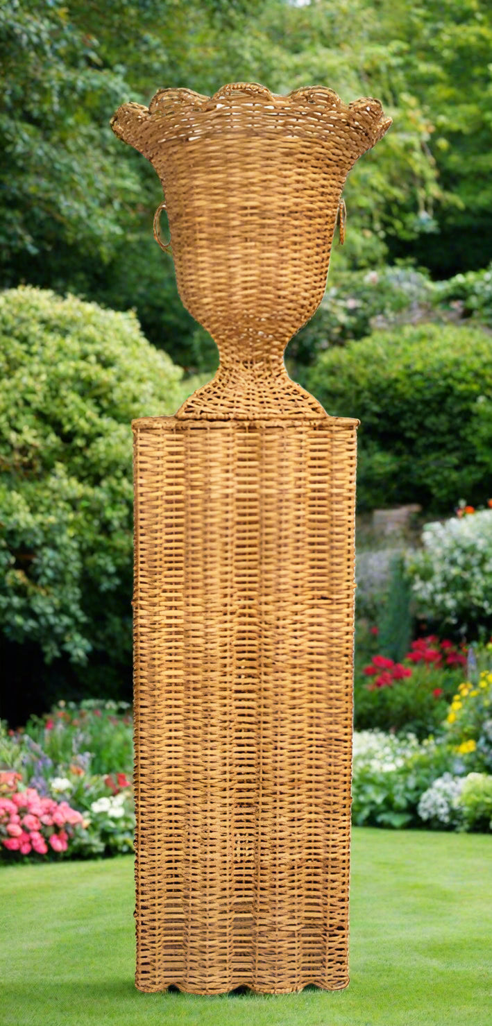 Large Square Scalloped Wicker Urn and Pedestal