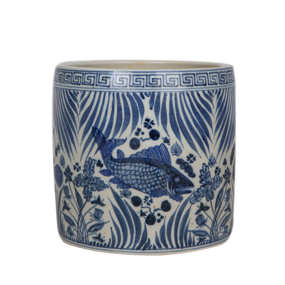 Blue And White Fish Lotus Greek Key Pot