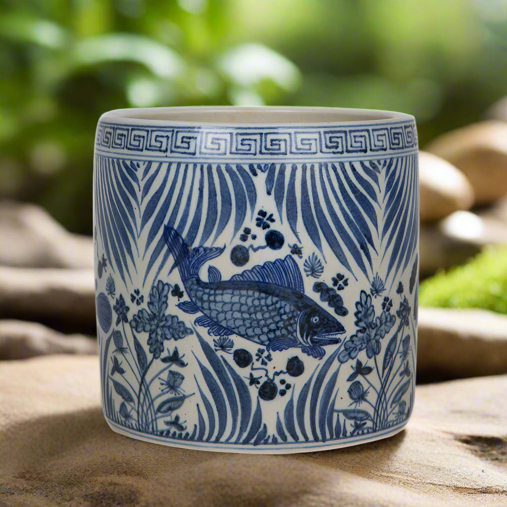 Blue And White Fish Lotus Greek Key Pot