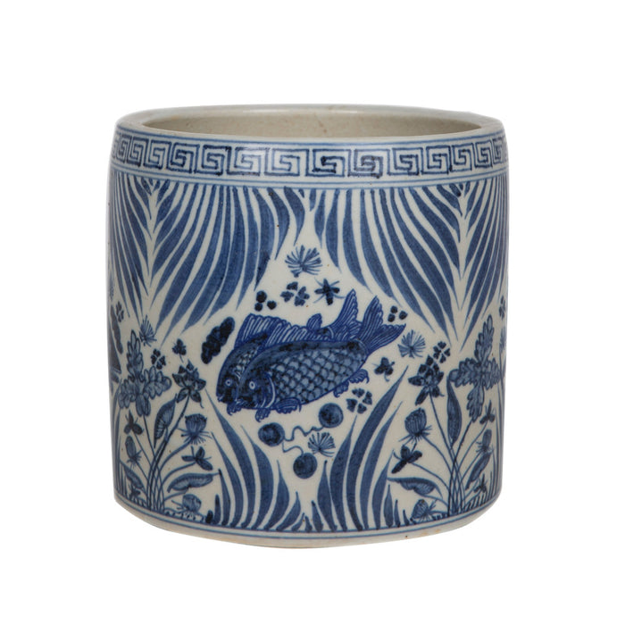 Blue And White Fish Lotus Greek Key Pot