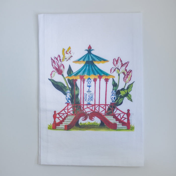 Pagoda with Parrot Tulips Tea Towel