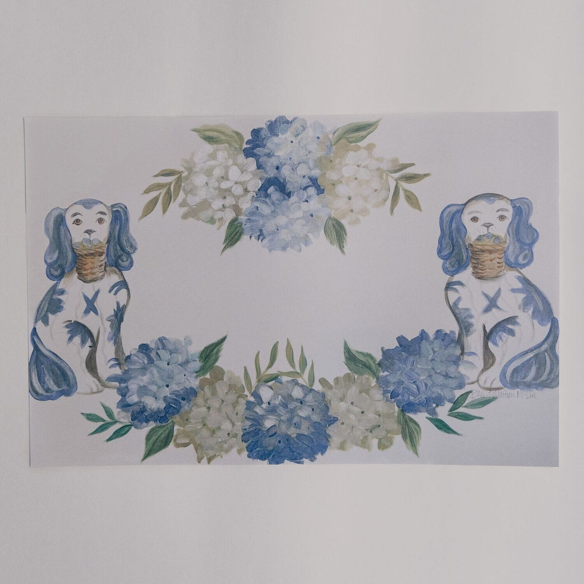 Staffordshire Pups With Hydrangea Paper Placemat Set