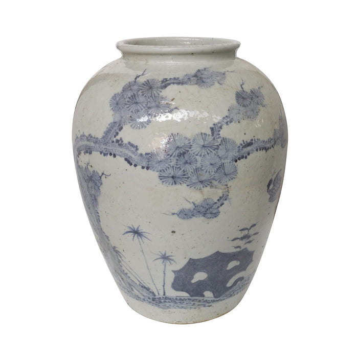 Blue And White Open Top Jar With Pine Deer Motif