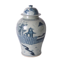 Blue And White Porcelain Temple Jar Landscape Greek Key Trim