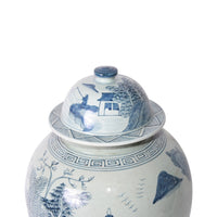 Blue And White Porcelain Temple Jar Landscape Greek Key Trim