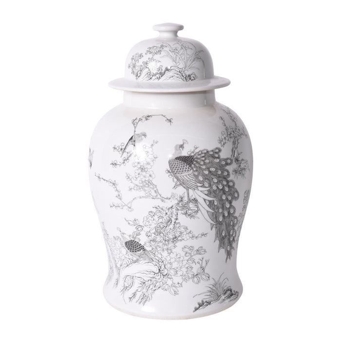 White Temple Jar With Black Peacock