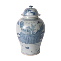 Blue And White Porcelain Temple Jar Landscape Greek Key Trim