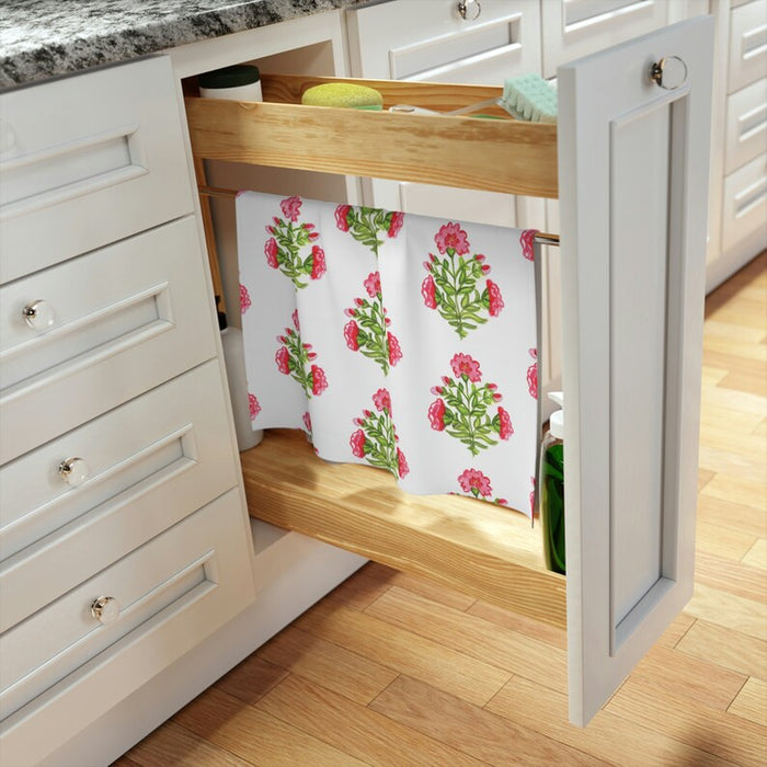 Pink and Green Block Print Floral Kitchen Tea Towel