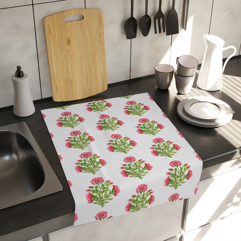 Pink and Green Block Print Floral Kitchen Tea Towel