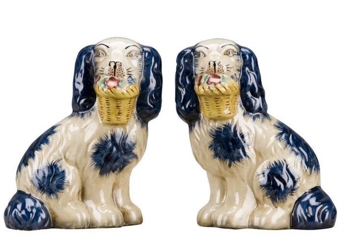 Blue and Ivory Flower Basket Staffordshire Dogs