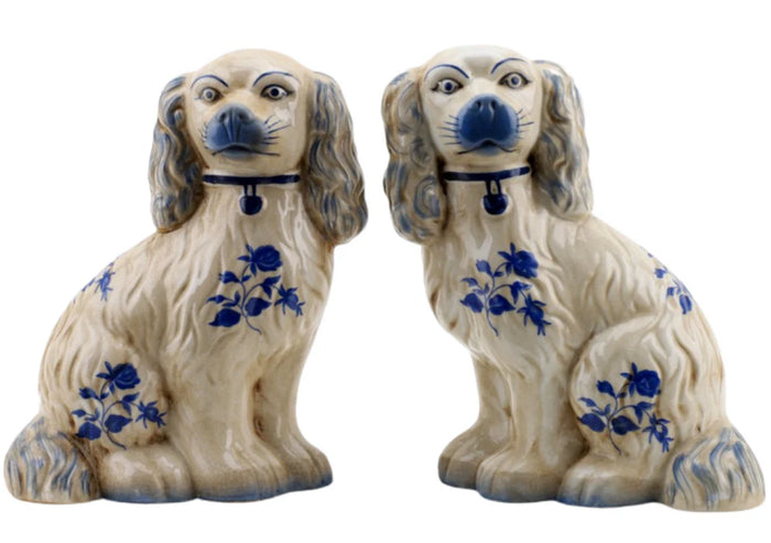 Blue and Ivory Floral Staffordshire Dogs